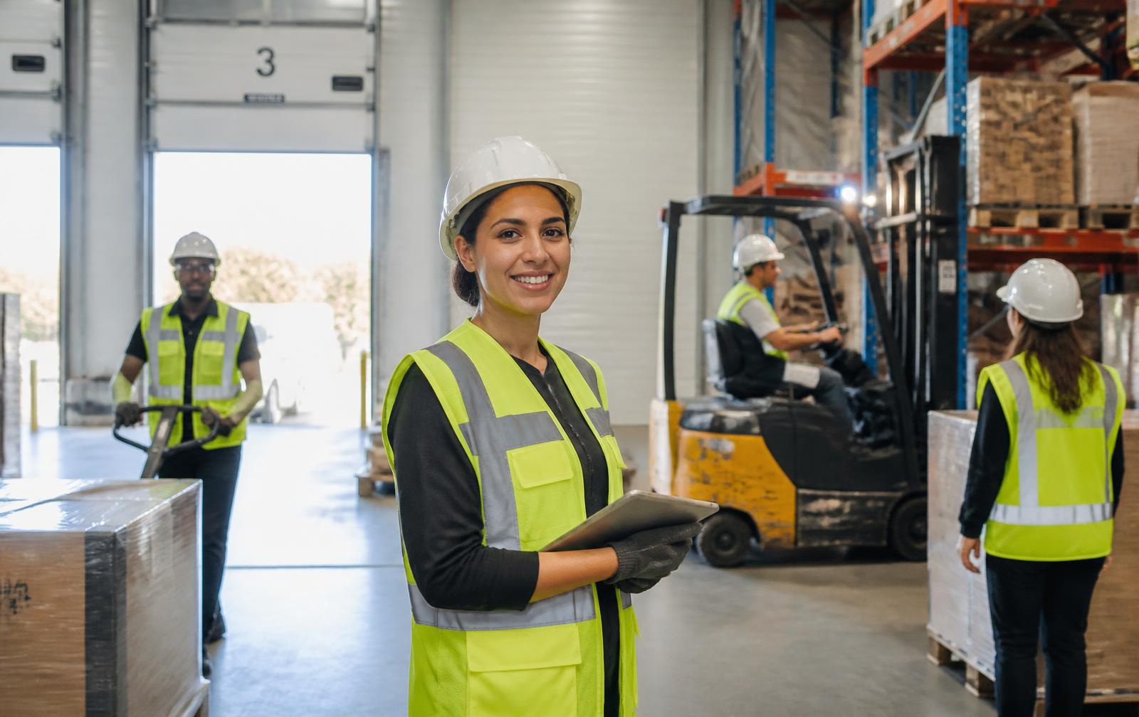 Warehouse staffing crew in high-visibility vests working a distribution center dock in metro Atlanta